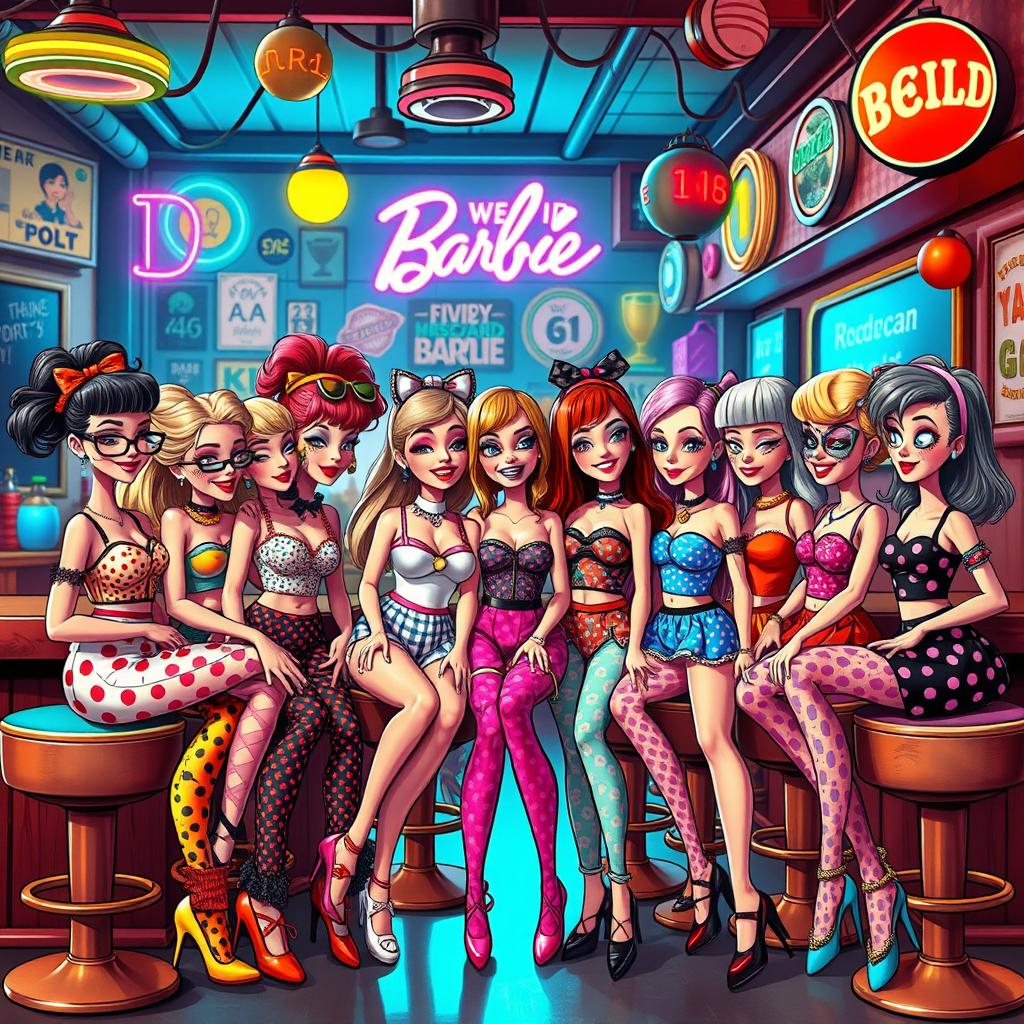 A quirky and colorful scene featuring a group of stylized, eccentric 'weird barbie' characters in a vibrant urban setting