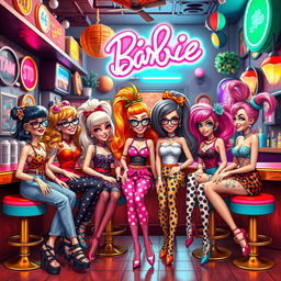 A quirky and colorful scene featuring a group of stylized, eccentric 'weird barbie' characters in a vibrant urban setting