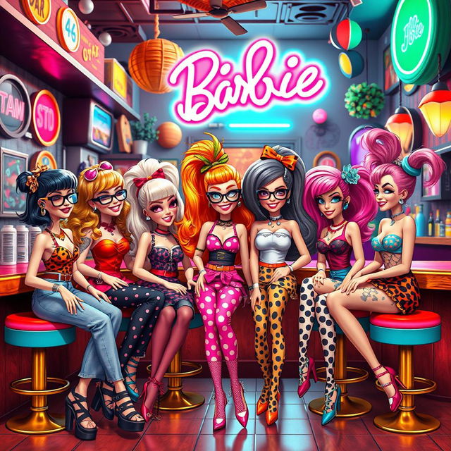 A quirky and colorful scene featuring a group of stylized, eccentric 'weird barbie' characters in a vibrant urban setting