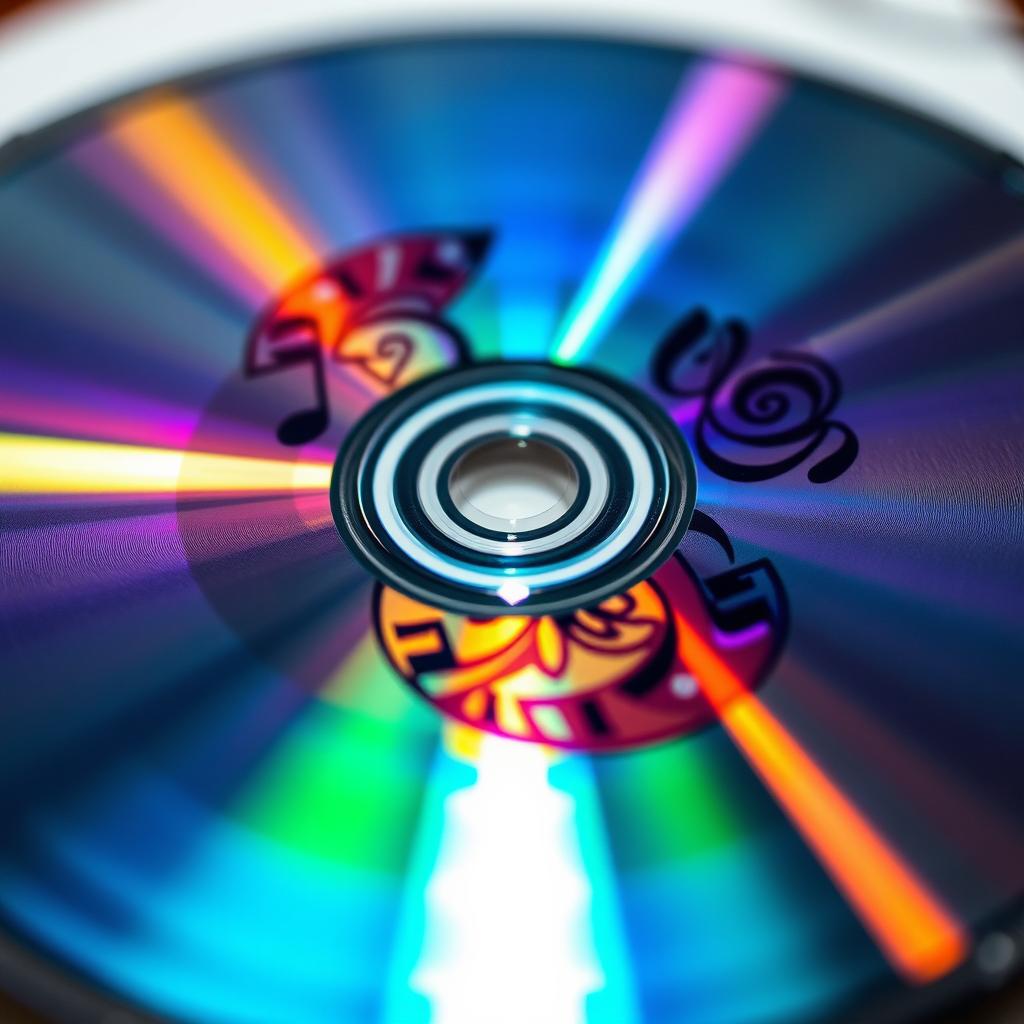 A close-up view of a CD with a beautifully designed label, showcasing intricate patterns and vibrant colors, reflecting light in a shiny, polished surface