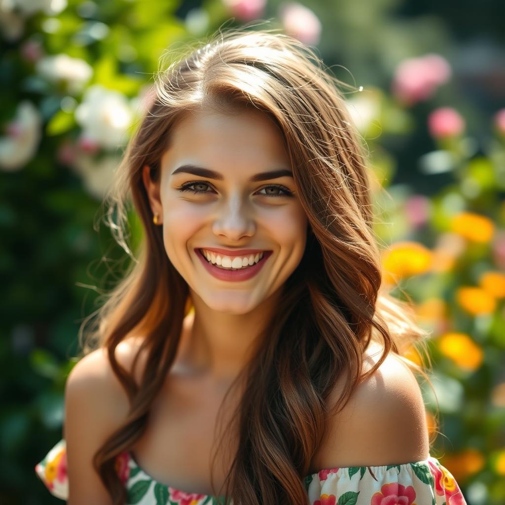 A portrait of a young woman grinning playfully, her expression full of joy and charm