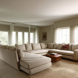 An aesthetically pleasing living room featuring a large L-shaped 12-seater sofa with an attached couch.