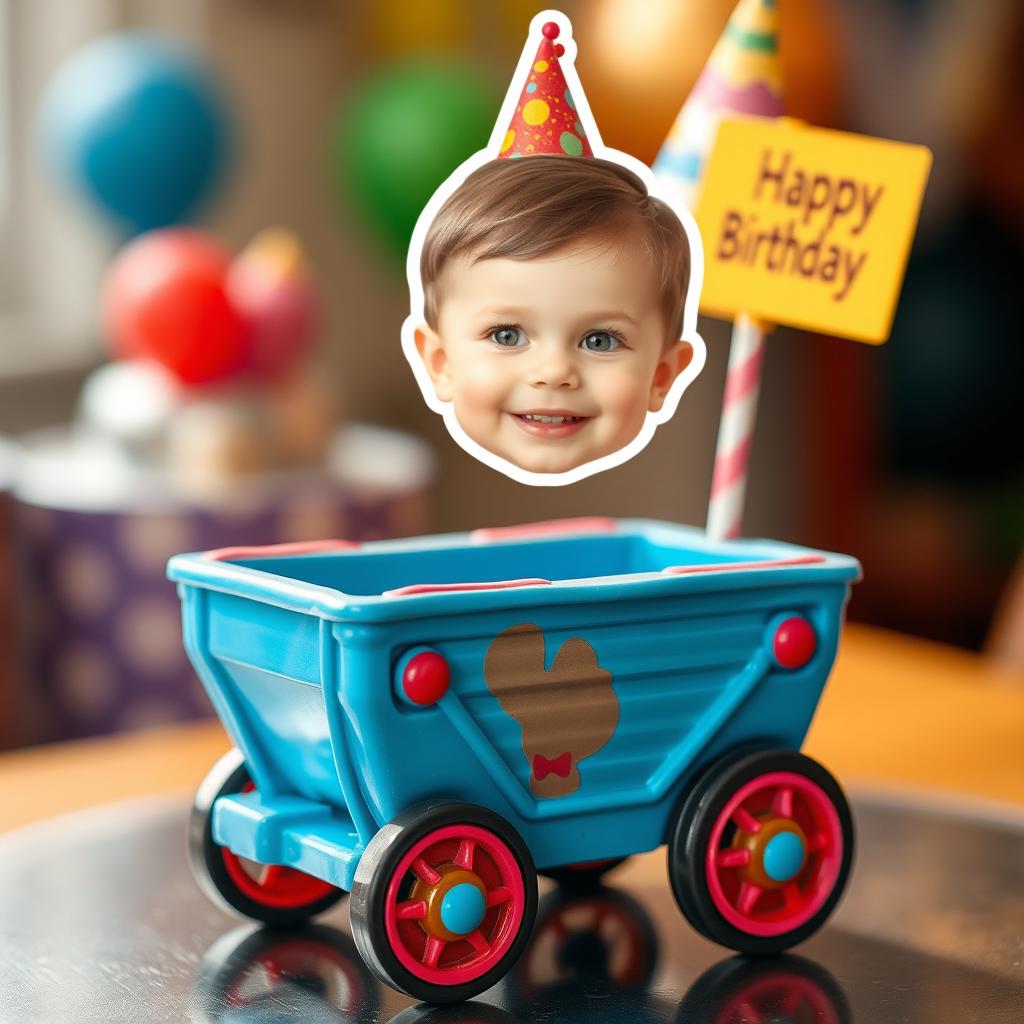 A cute child's face inserted on top of a vibrant blue toy cart, reminiscent of decorations typically used for birthday cakes
