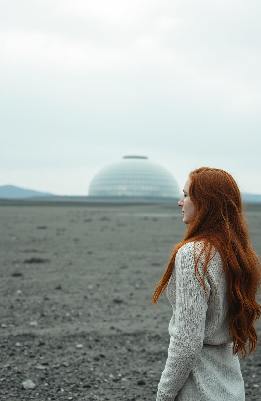 A 30-year-old English woman with long red hair stands in a desolate ashen grey landscape