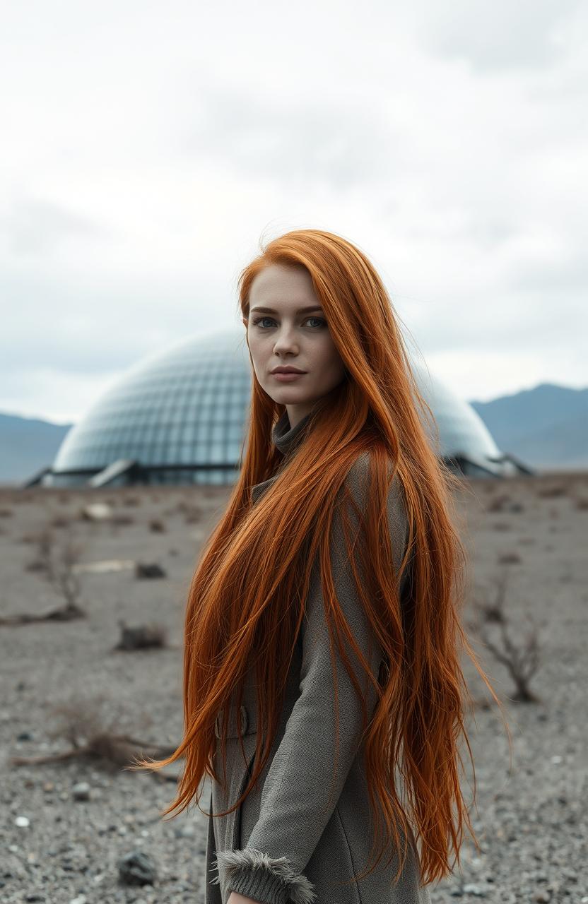 A 30-year-old English woman with long, flowing red hair, standing confidently in the foreground of a desolate, ashen grey landscape