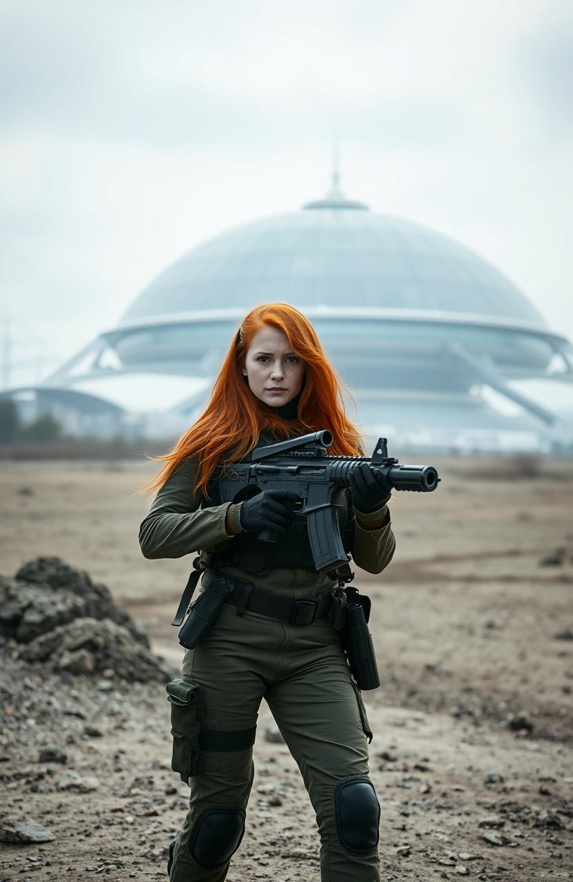 A 30-year-old English woman with long, flowing red hair, dressed in battle fatigues, confidently carries a futuristic laser rifle