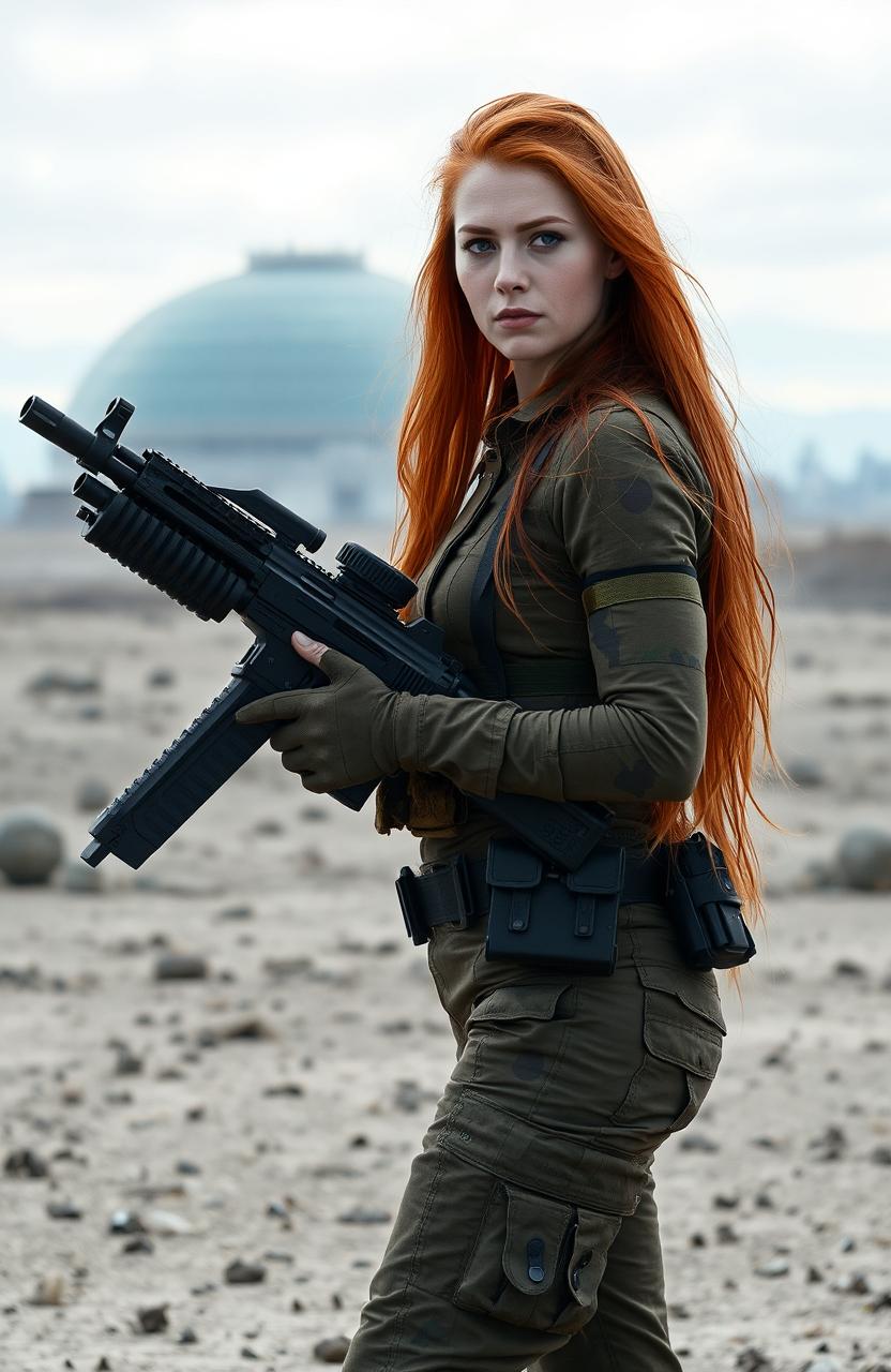 A 30-year-old English woman with long red hair, dressed in battle fatigues, confidently carrying a futuristic laser rifle