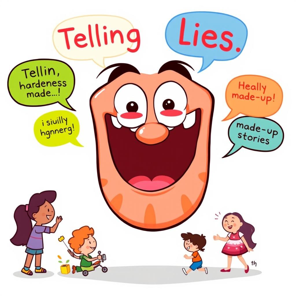 A playful and whimsical illustration of a cartoonish mouth with exaggerated, cheerful features, conveying the concept of 'telling lies' in a friendly manner