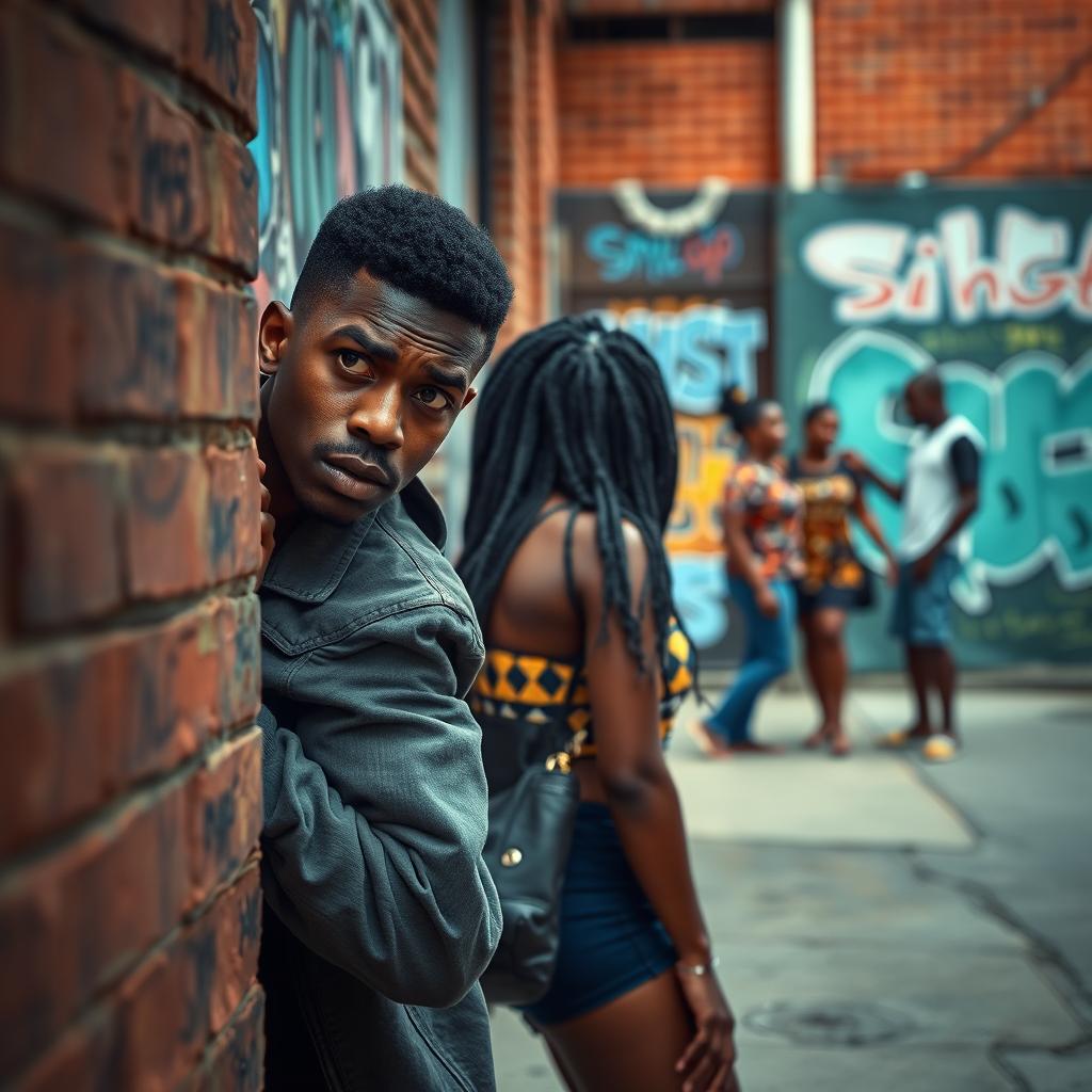A dramatic urban scene featuring two South African young adults, Thando and Sihle, crouched behind a corner, peeking out with expressions of anxiety and bitterness