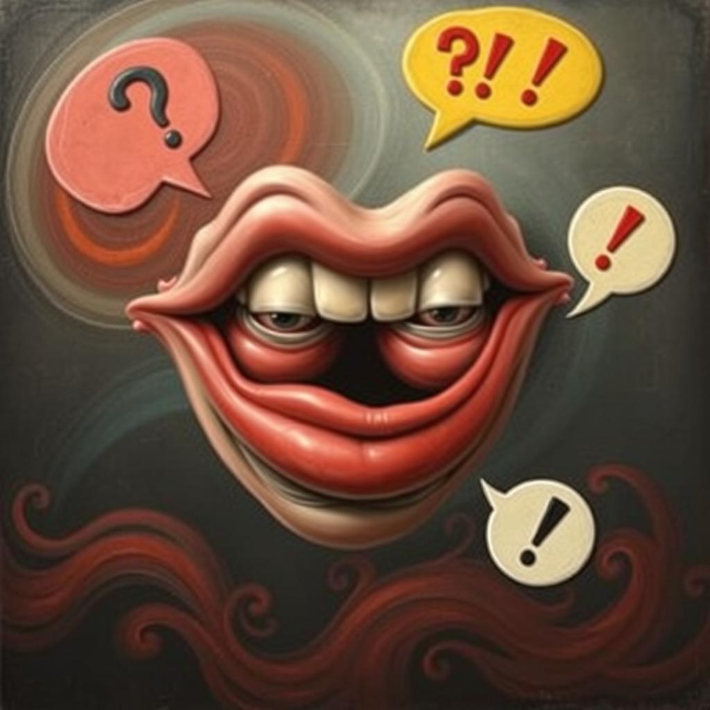 An artistic representation of a mouth that embodies the concept of lying, featuring exaggerated, whimsical characteristics such as overly curled lips and a sly grin