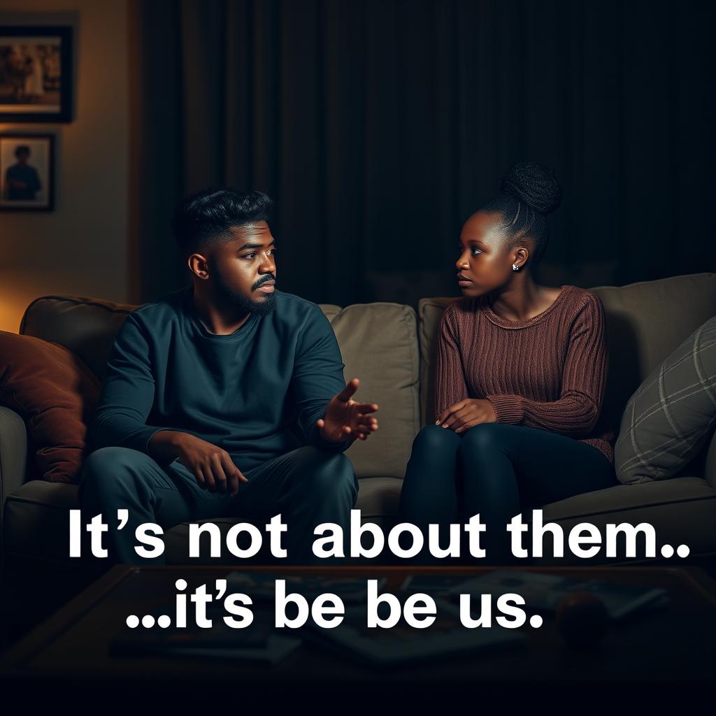 A visually striking scene featuring two young adults, Thando and Sihle, sitting on a plush couch in a cozy living room setting