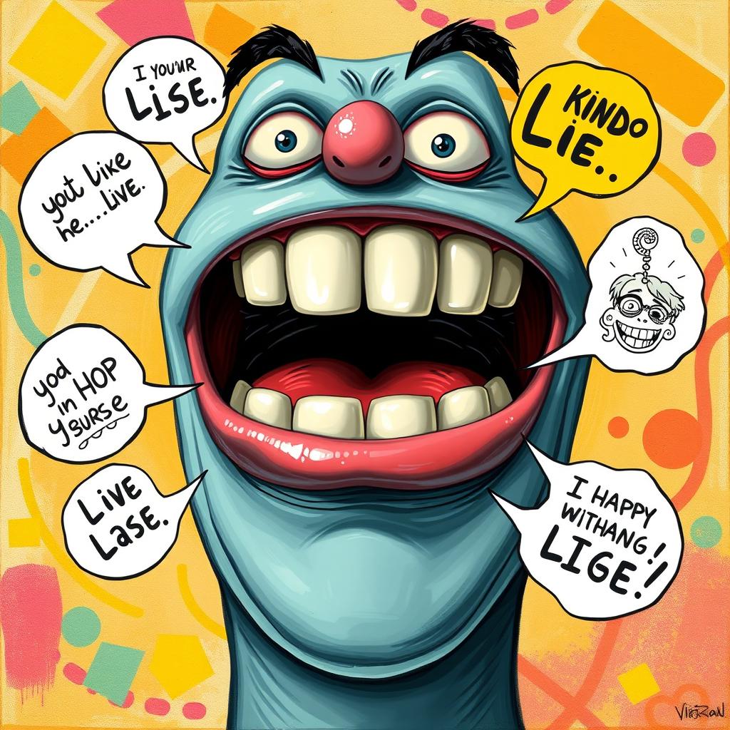 An imaginative portrayal of a mouth that is actively telling a lie, with exaggerated features like a mischievous grin and sparkling eyes to convey a sense of playful deceit