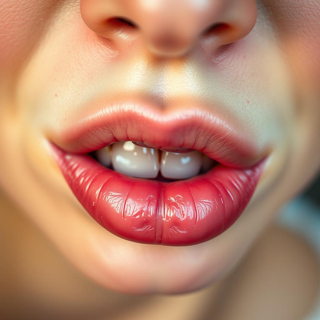 A close-up, artistic depiction of a mouth, showcasing intricate details such as the texture of the lips, the shine of the teeth, and the subtle expressions that convey emotions