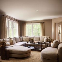 An aesthetically pleasing living room featuring a large L-shaped 12-seater sofa with an attached couch.