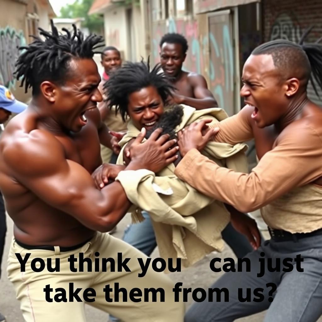 A chaotic street fight between two furious opponents, Thando and Lerato, who are aggressively pushing each other