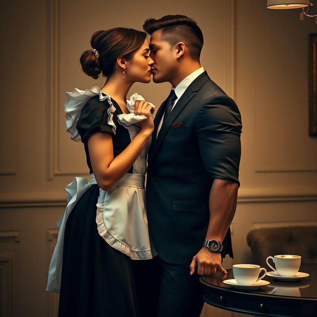 A beautiful young woman dressed in a maid's outfit, standing close to a handsome muscular man in a suit, they are almost kissing, with the woman holding a cloth in one hand as she cleans