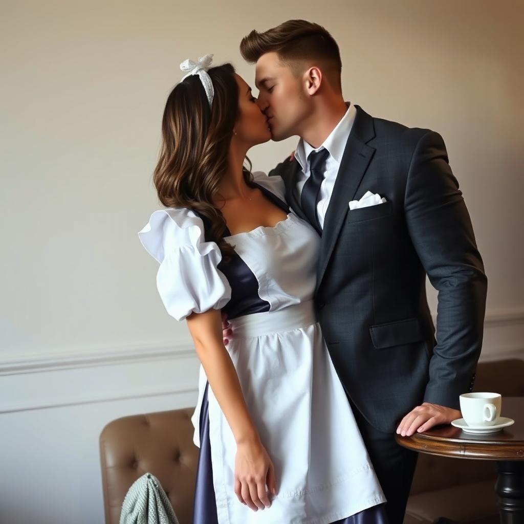 A beautiful young woman dressed in a classic maid's dress, holding a cleaning cloth in one hand, stands close to a handsome muscular man in a tailored suit