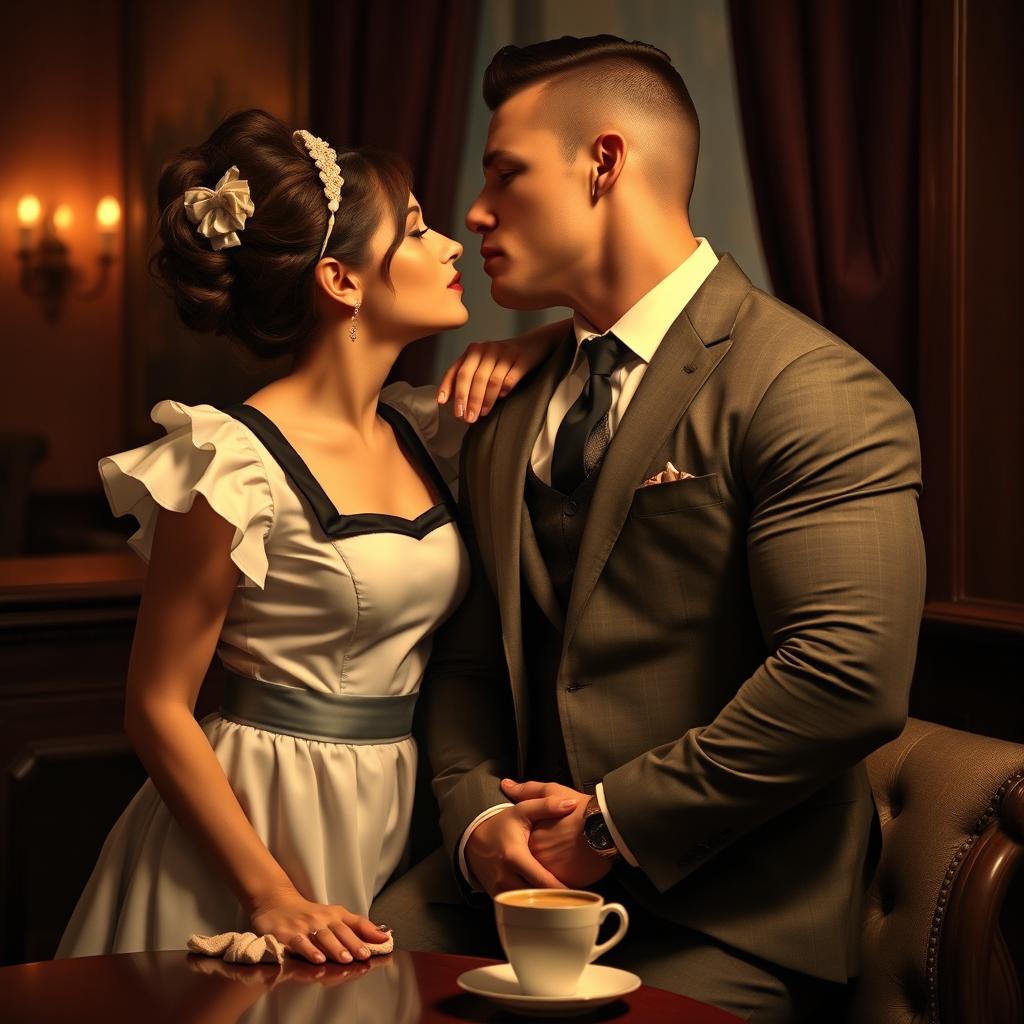 A beautiful young woman in a maid's dress is almost kissing a handsome muscular man dressed in a tailored suit