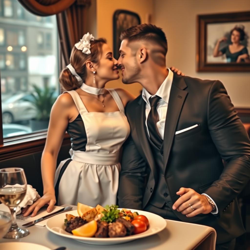A beautiful young woman dressed in a classic maid's outfit, holding a cleaning cloth in one hand, stands close to a handsome muscular man in a tailored suit