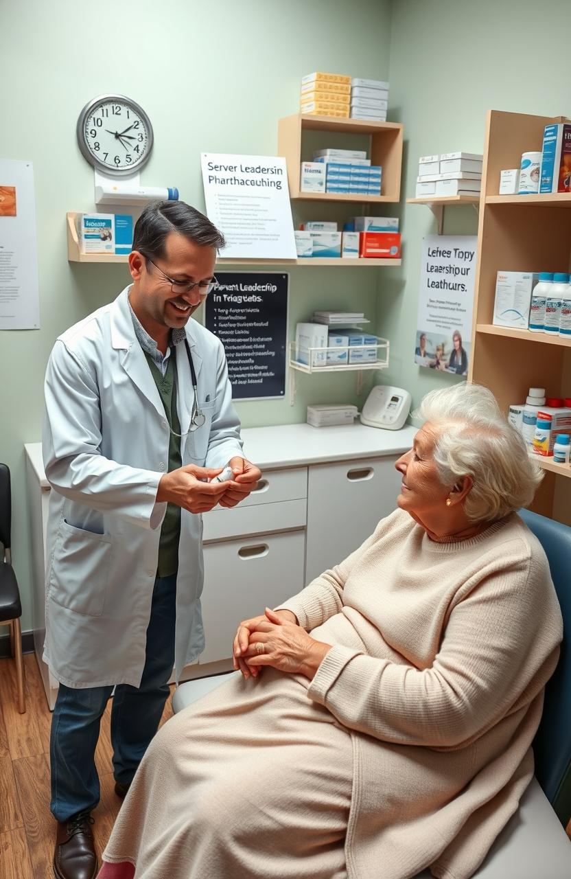 An educational and informative scene depicting a healthcare professional, dressed in a white coat, compassionately serving elderly patients in a cozy clinic environment