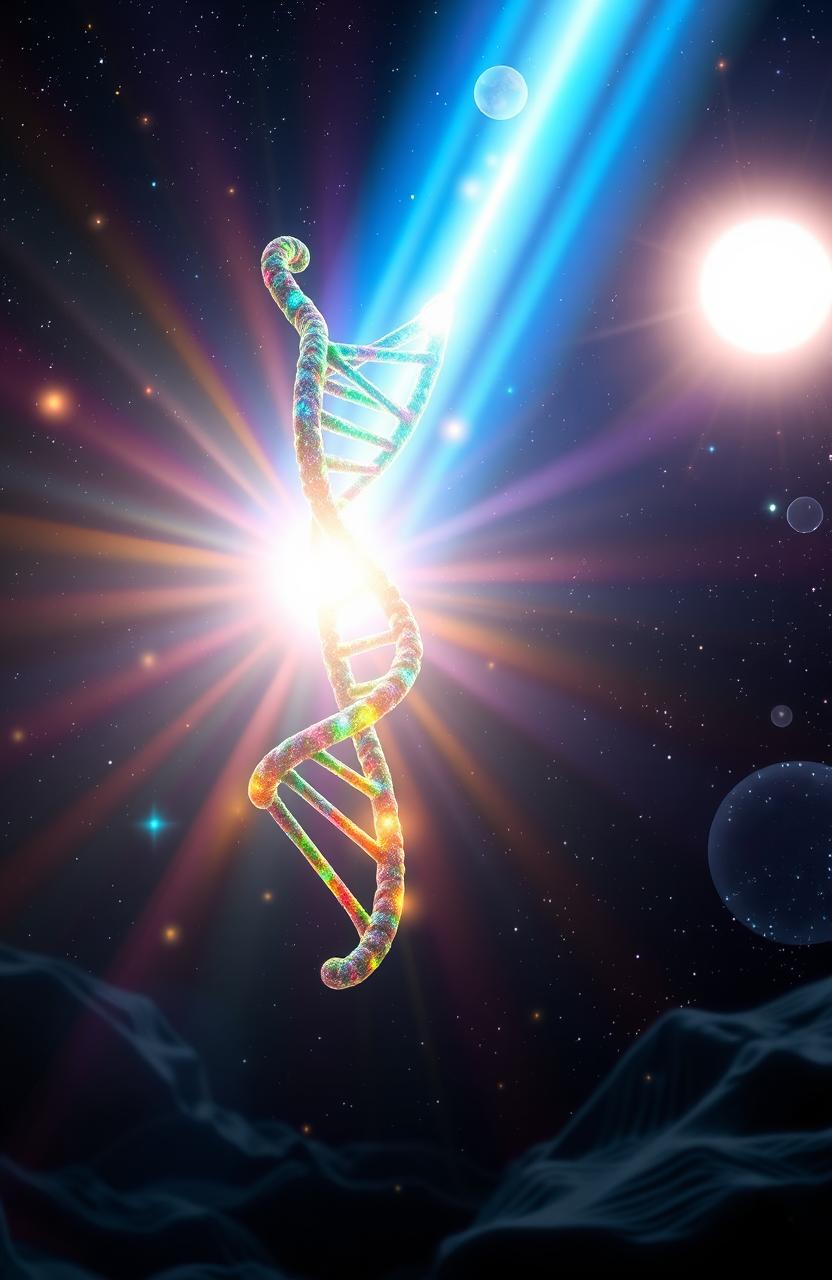 A surreal scene depicting a double helix of DNA intertwined with vibrant light rays emanating from the sun, suggesting communication with the universe