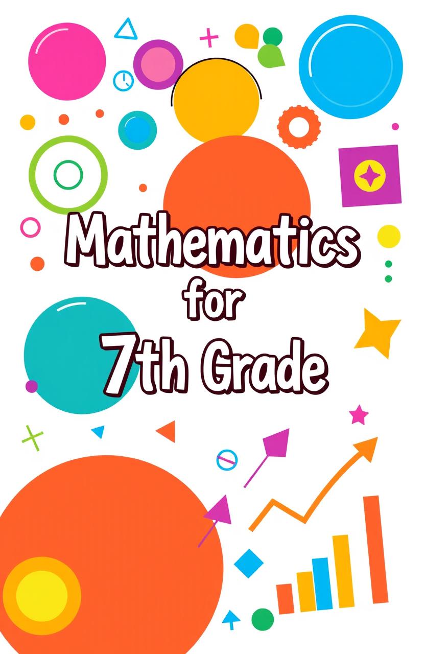 A colorful and engaging illustrated cover for a 7th-grade mathematics textbook, featuring a mix of geometric shapes like circles, triangles, and squares in vibrant colors
