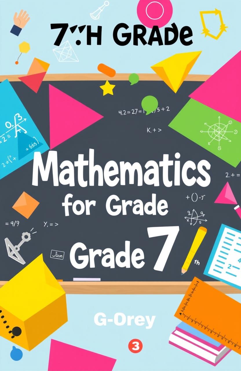 An engaging and colorful illustration of a 7th-grade mathematics textbook cover, featuring dynamic geometric shapes, vibrant colors, and playful mathematical symbols