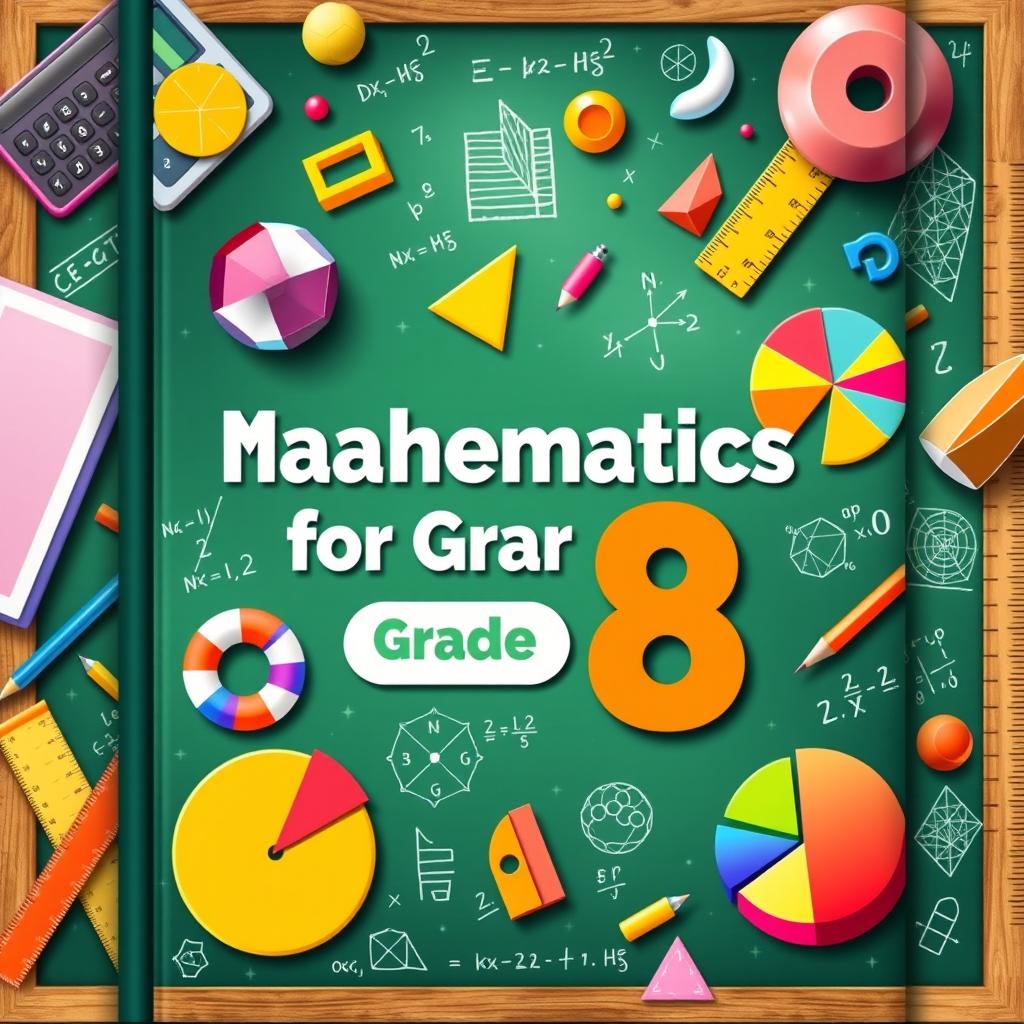 An eye-catching and colorful illustration of an 8th-grade mathematics textbook cover, showcasing a blend of advanced mathematical concepts with engaging visuals