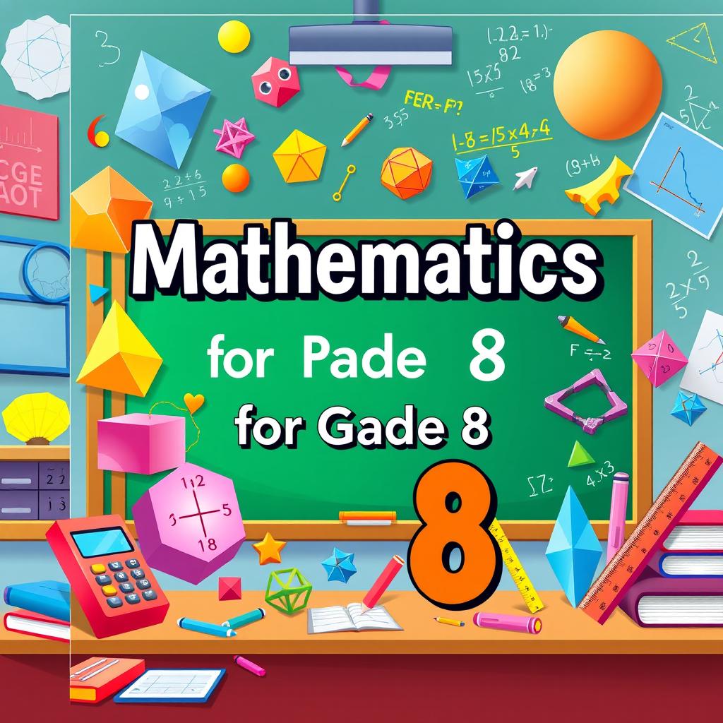An attractive and colorful illustration of an 8th-grade mathematics textbook cover, designed to appeal to middle school students