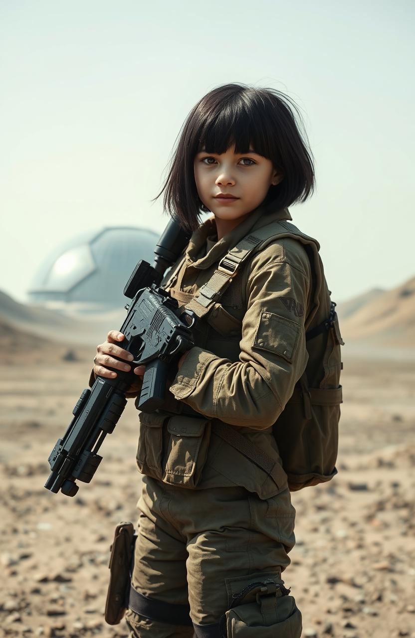 A short black-haired English girl, 16 years old, wearing combat fatigues, confidently carrying a futuristic laser pistol