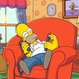 Homer Simpson, the iconic animated character from The Simpsons, is sleeping comfortably in a plush 80's style armchair