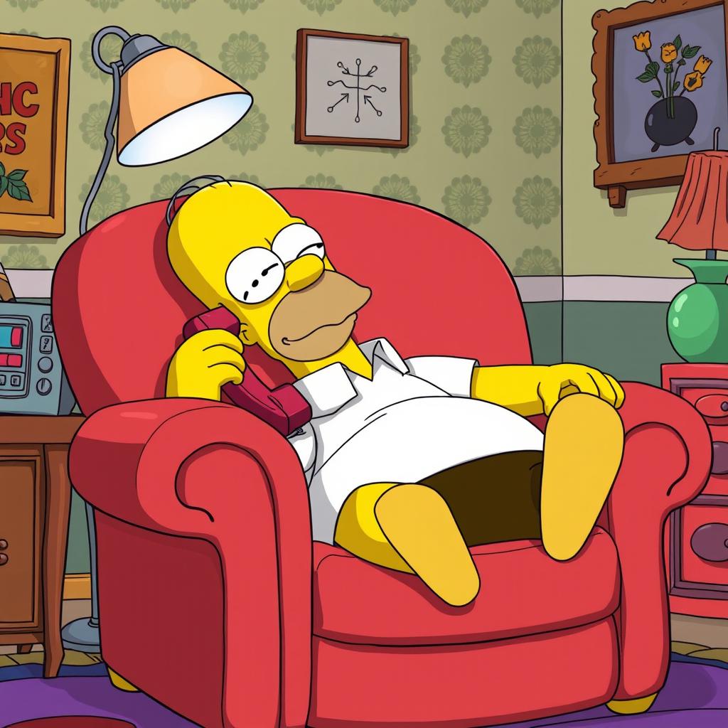 Homer Simpson, the iconic animated character from The Simpsons, is sleeping comfortably in a plush 80's style armchair
