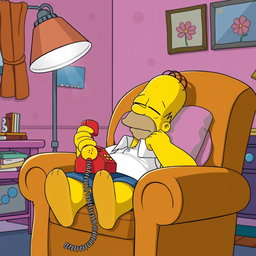Homer Simpson, the iconic animated character from The Simpsons, is sleeping comfortably in a plush 80's style armchair