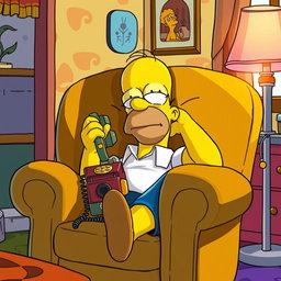 Homer Simpson, the iconic animated character from The Simpsons, is sleeping comfortably in a plush 80's style armchair