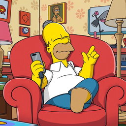 Homer Simpson, the beloved animated character from The Simpsons, is peacefully sleeping in a plush 80's style armchair