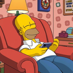 Homer Simpson, the beloved animated character from The Simpsons, is peacefully sleeping in a plush 80's style armchair