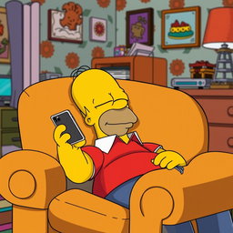 Homer Simpson, the beloved animated character from The Simpsons, is peacefully sleeping in a plush 80's style armchair