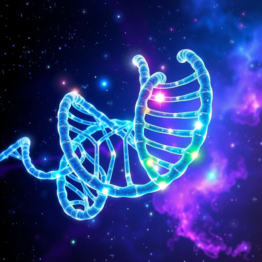 An artistic representation of Quantum DNA, showcasing intertwining strands of DNA with glowing quantum particles swirling around them