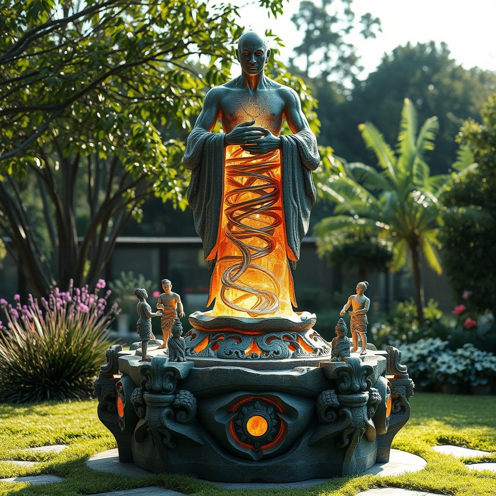 A captivating 3D sculpture titled 'Hidden Truth', featuring a large, intricately carved stone pedestal supporting an abstract figure that represents the concept of truth