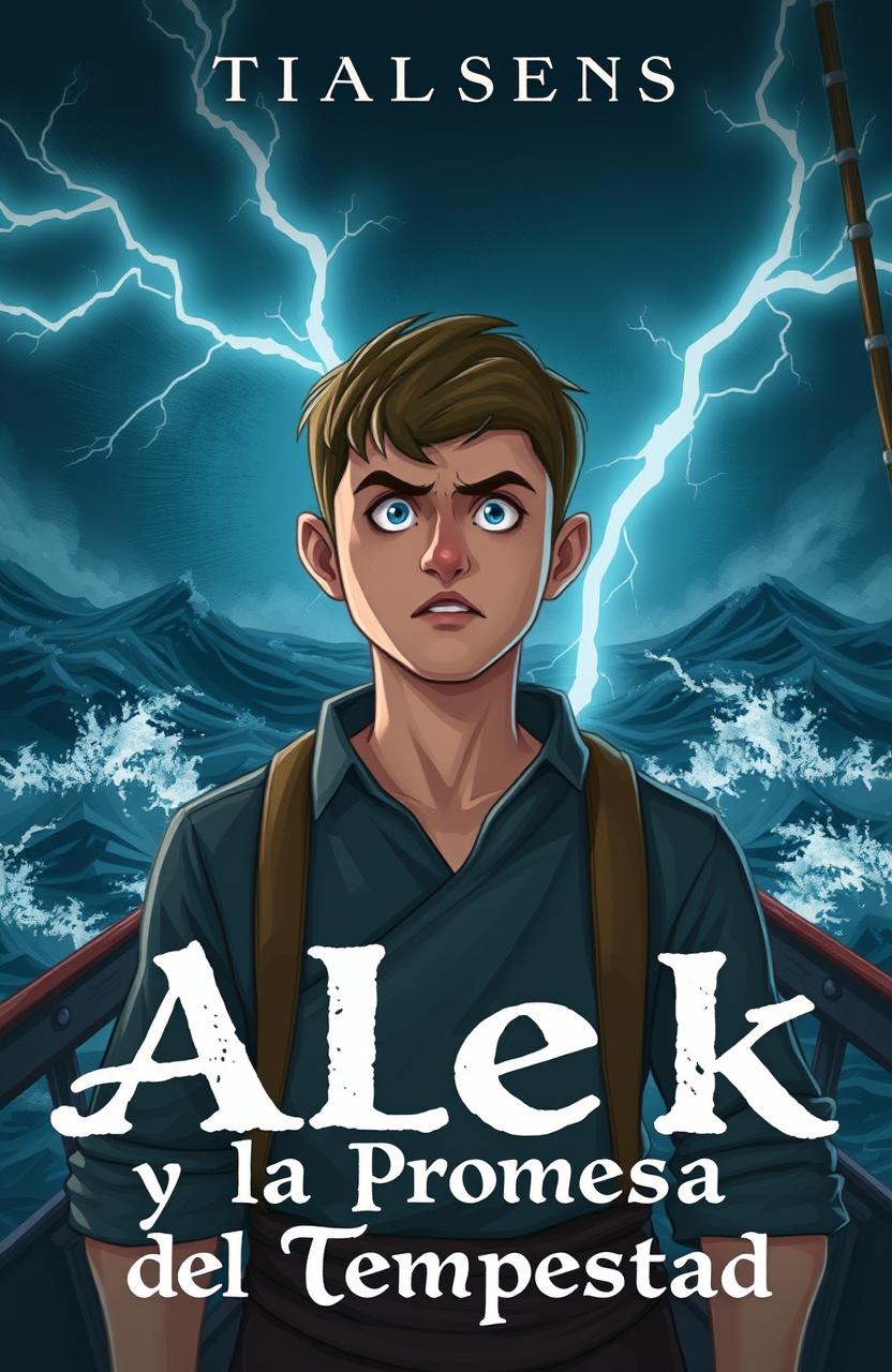Alek standing on the deck of the ship 'Tempestad' during a fierce storm, displaying an expression that reflects both fear and determination
