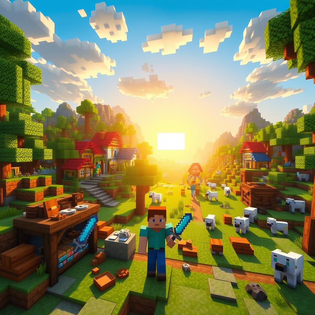 A vibrant Minecraft landscape featuring a blocky-style village with colorful houses, surrounded by lush green trees and a bright blue sky