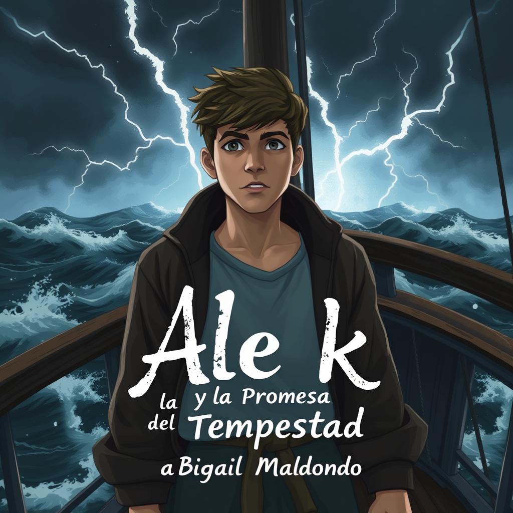 Alek standing on the deck of the ship 'Tempestad' during a fierce storm, exhibiting an expression that combines fear and determination