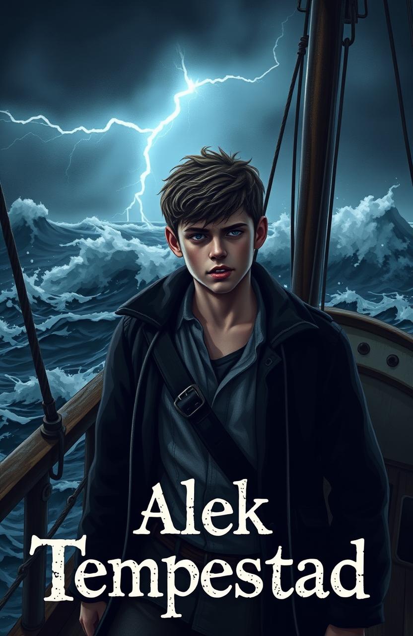 Alek standing on the deck of the ship 'Tempestad' during a fierce storm, his expression a mix of fear and determination