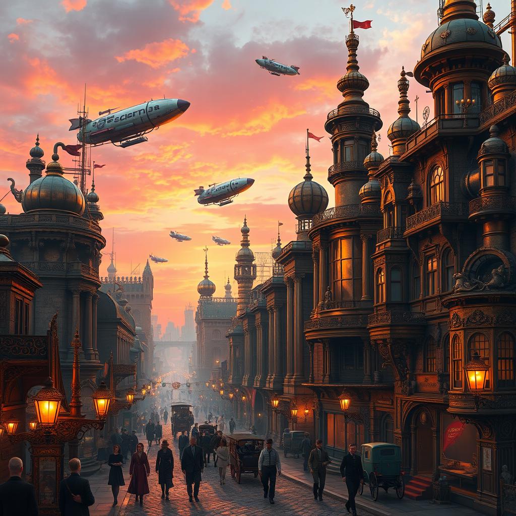 A stunning steampunk cityscape at sunset, featuring elaborate brass and copper buildings with intricate gears and steam vents, surrounded by airships floating in a pink and orange sky