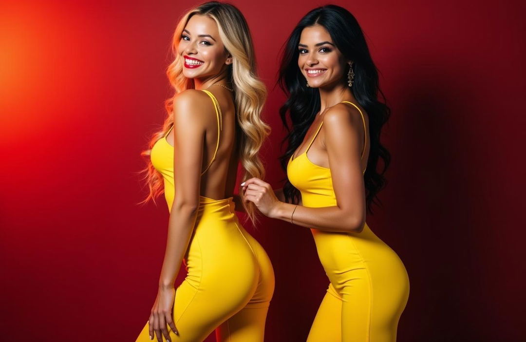 Two sexy girls, one with long blonde hair and the other with dark hair, both looking incredibly attractive and happy