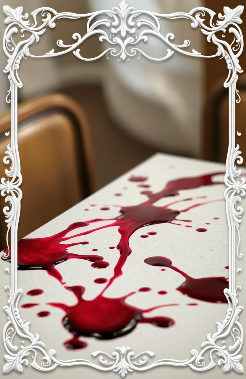 A book cover design featuring a table with spilled wine stains artistically splattered across its surface