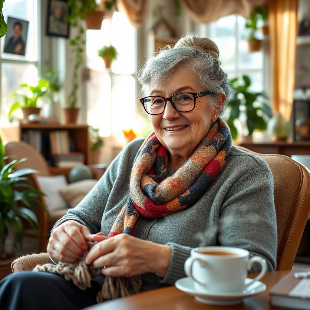 An elderly woman with a warm smile, sitting in a cozy, sunlit room filled with plants and vintage decor