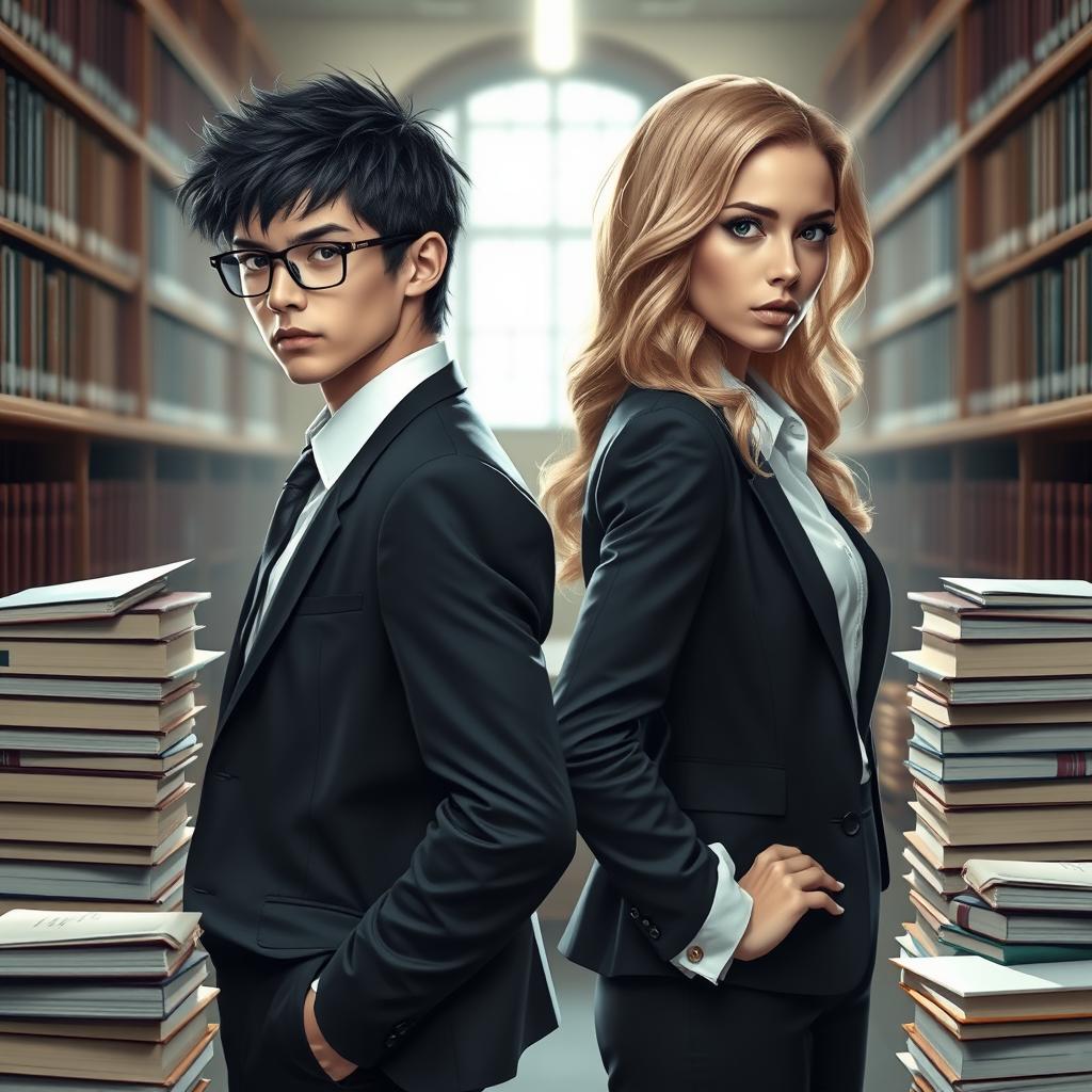 Two academic rivals facing each other back to back in a library setting, both wearing formal attire, with intense and determined expressions