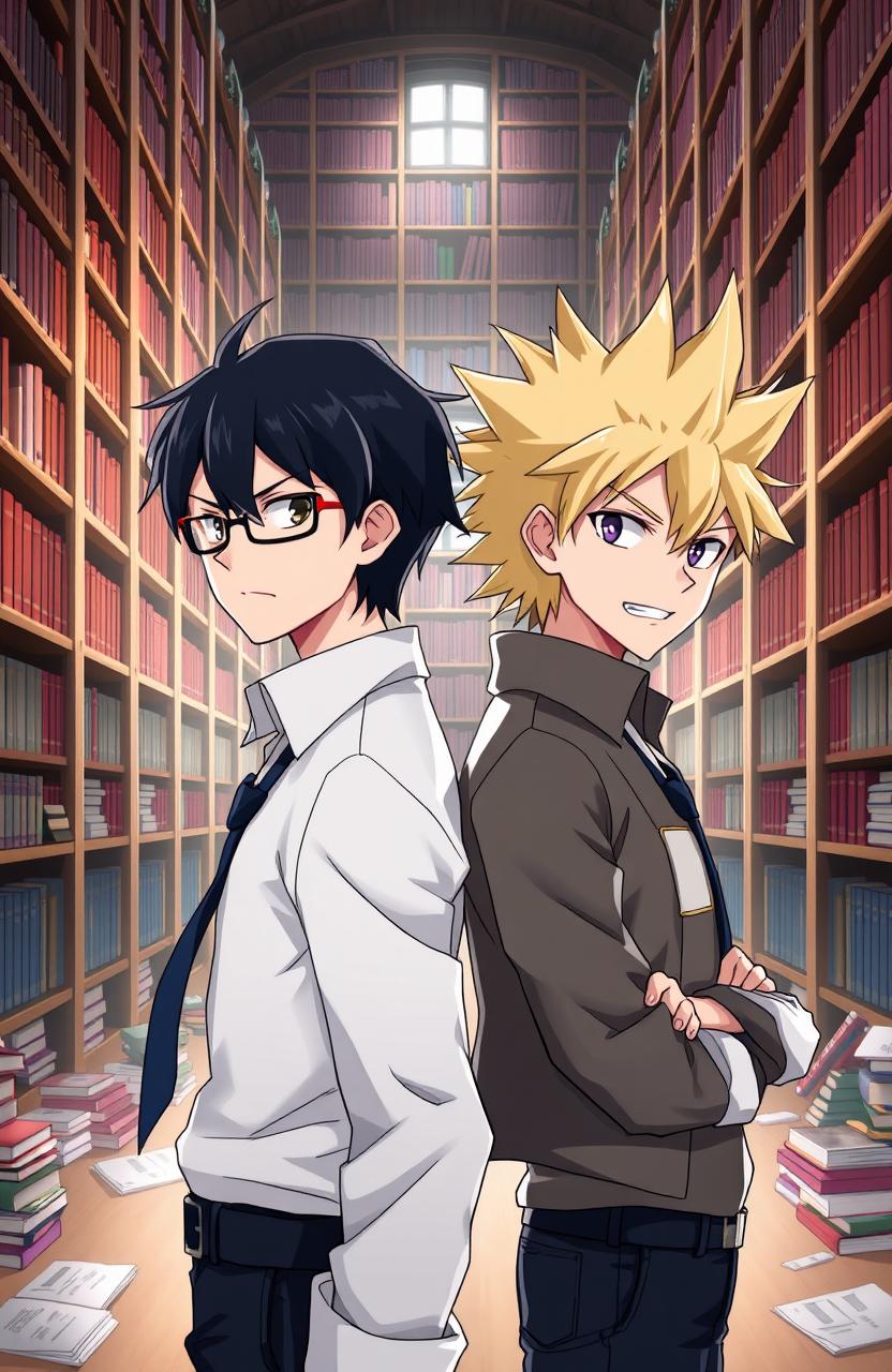 Two anime-style academic rivals standing back to back in a library setting, both showing serious and determined expressions
