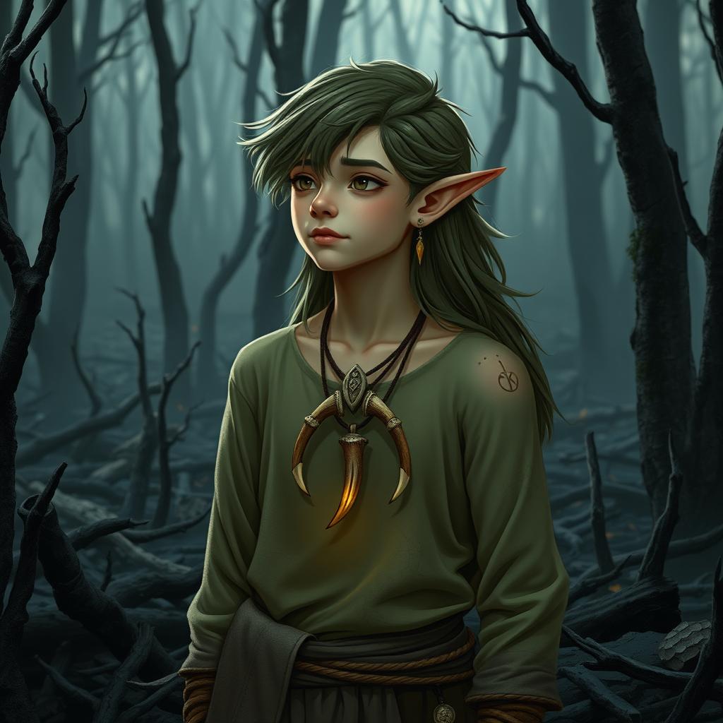 A young forest elf druid from the Circle of the Moon, standing amidst a forest that has been reduced to ashes